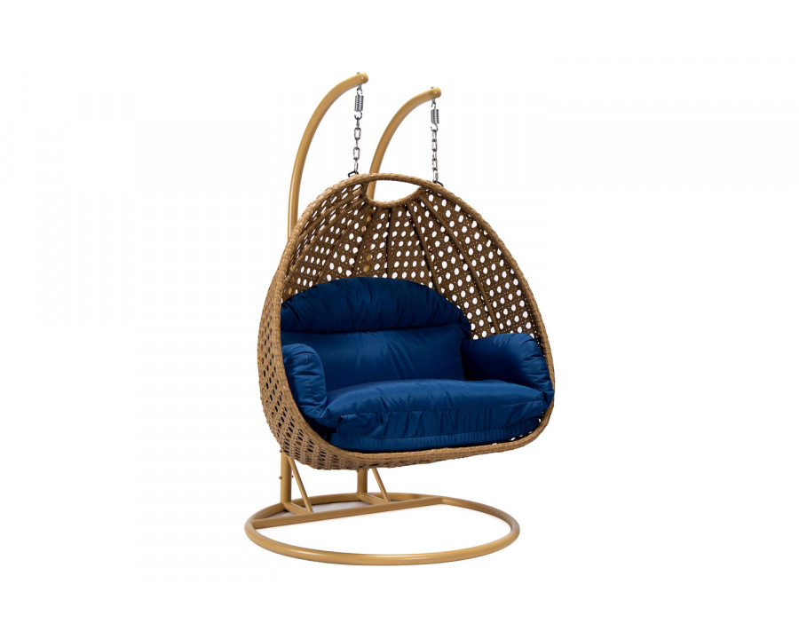 LeisureMod Mendoza Light Brown Wicker Hanging 2 Person Egg Swing Chair - Blue