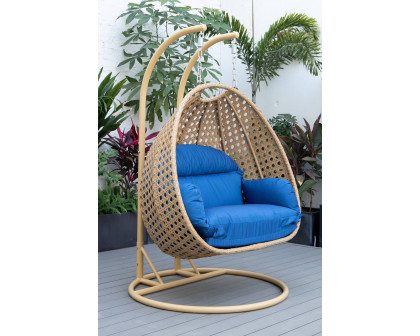 LeisureMod Mendoza Light Brown Wicker Hanging 2 Person Egg Swing Chair - Blue