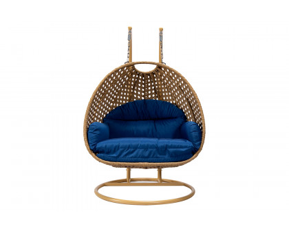 LeisureMod Mendoza Light Brown Wicker Hanging 2 Person Egg Swing Chair - Blue