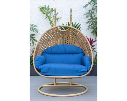 LeisureMod Mendoza Light Brown Wicker Hanging 2 Person Egg Swing Chair - Blue