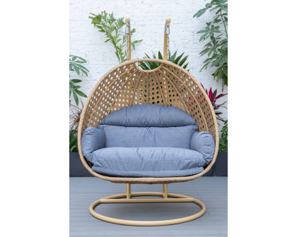 LeisureMod Mendoza Light Brown Wicker Hanging 2 Person Egg Swing Chair - Charcoal