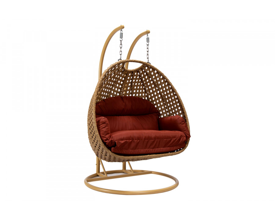 LeisureMod Mendoza Light Brown Wicker Hanging 2 Person Egg Swing Chair - Cherry