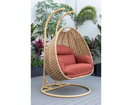 LeisureMod Mendoza Light Brown Wicker Hanging 2 Person Egg Swing Chair - Cherry