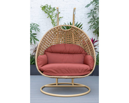 LeisureMod Mendoza Light Brown Wicker Hanging 2 Person Egg Swing Chair - Cherry