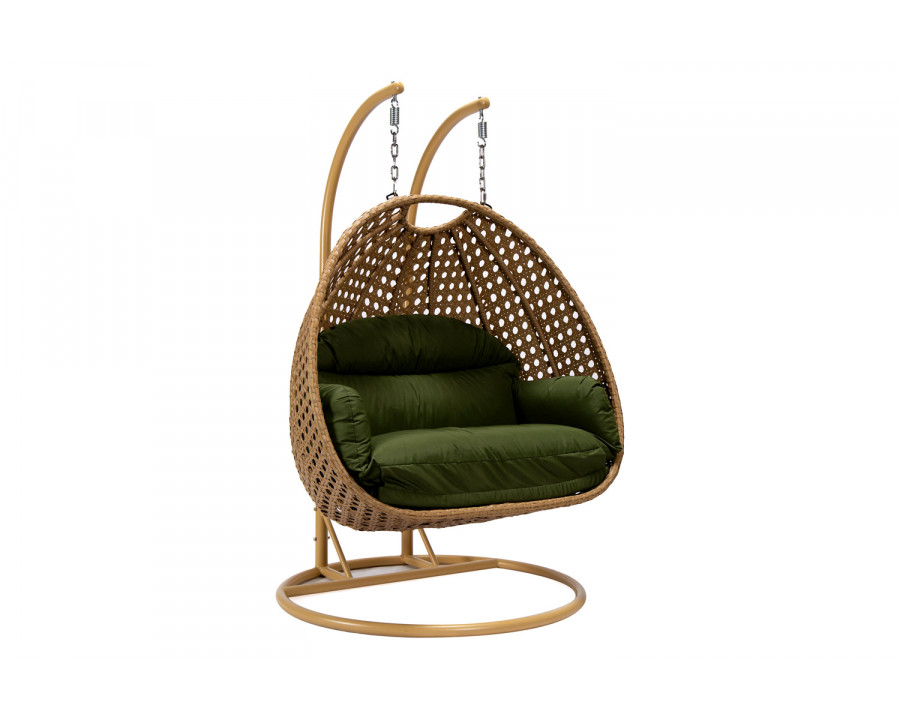 LeisureMod Mendoza Light Brown Wicker Hanging 2 Person Egg Swing Chair - Dark Green