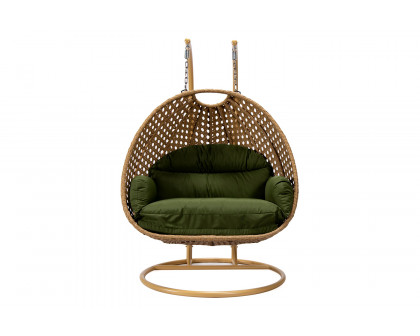 LeisureMod Mendoza Light Brown Wicker Hanging 2 Person Egg Swing Chair - Dark Green