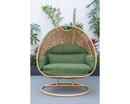 LeisureMod Mendoza Light Brown Wicker Hanging 2 Person Egg Swing Chair - Dark Green