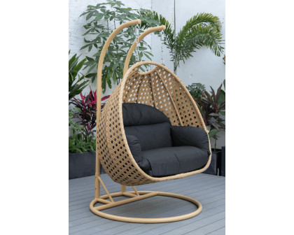 LeisureMod Mendoza Light Brown Wicker Hanging 2 Person Egg Swing Chair - Dark Gray