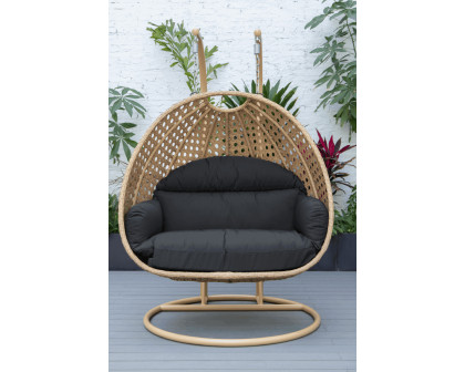 LeisureMod Mendoza Light Brown Wicker Hanging 2 Person Egg Swing Chair - Dark Gray