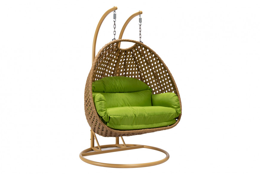 LeisureMod™ Mendoza Light Brown Wicker Hanging 2 Person Egg Swing Chair - Light Green