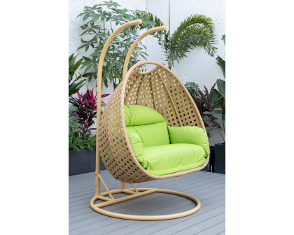 LeisureMod™ Mendoza Light Brown Wicker Hanging 2 Person Egg Swing Chair - Light Green