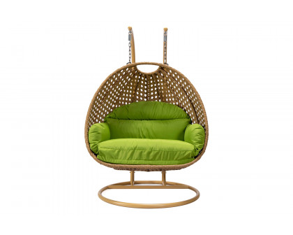 LeisureMod™ Mendoza Light Brown Wicker Hanging 2 Person Egg Swing Chair - Light Green