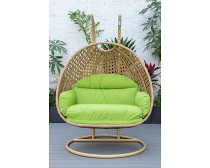 LeisureMod™ Mendoza Light Brown Wicker Hanging 2 Person Egg Swing Chair - Light Green