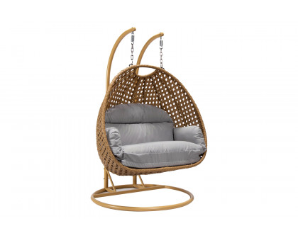 LeisureMod Mendoza Light Brown Wicker Hanging 2 Person Egg Swing Chair