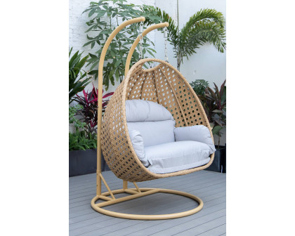 LeisureMod Mendoza Light Brown Wicker Hanging 2 Person Egg Swing Chair - Light Gray