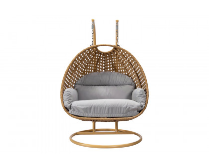 LeisureMod Mendoza Light Brown Wicker Hanging 2 Person Egg Swing Chair - Light Gray