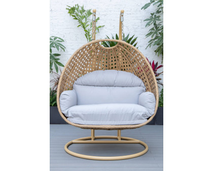 LeisureMod Mendoza Light Brown Wicker Hanging 2 Person Egg Swing Chair - Light Gray