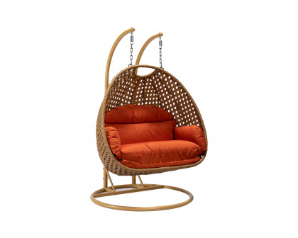 LeisureMod Mendoza Light Brown Wicker Hanging 2 Person Egg Swing Chair