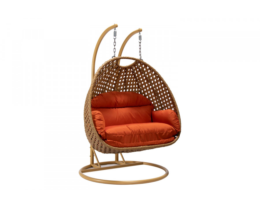 LeisureMod Mendoza Light Brown Wicker Hanging 2 Person Egg Swing Chair - Orange