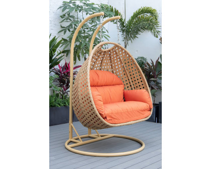 LeisureMod Mendoza Light Brown Wicker Hanging 2 Person Egg Swing Chair - Orange