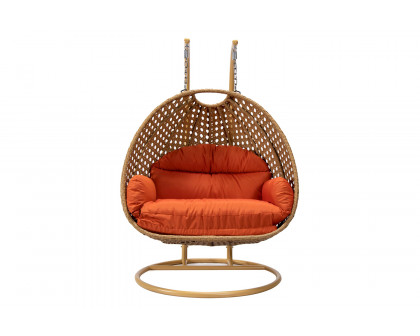 LeisureMod Mendoza Light Brown Wicker Hanging 2 Person Egg Swing Chair - Orange