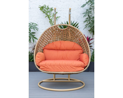 LeisureMod Mendoza Light Brown Wicker Hanging 2 Person Egg Swing Chair - Orange