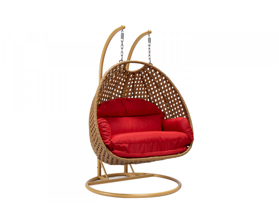 LeisureMod Mendoza Light Brown Wicker Hanging 2 Person Egg Swing Chair - Red