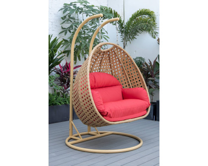 LeisureMod Mendoza Light Brown Wicker Hanging 2 Person Egg Swing Chair - Red