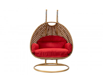 LeisureMod Mendoza Light Brown Wicker Hanging 2 Person Egg Swing Chair - Red