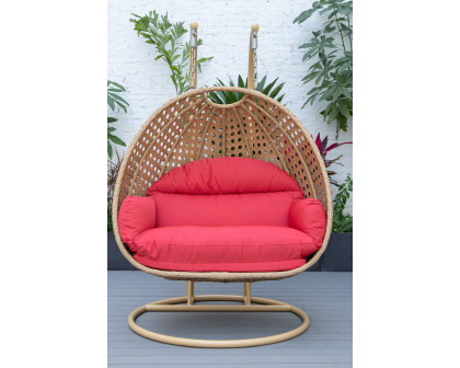 LeisureMod Mendoza Light Brown Wicker Hanging 2 Person Egg Swing Chair - Red