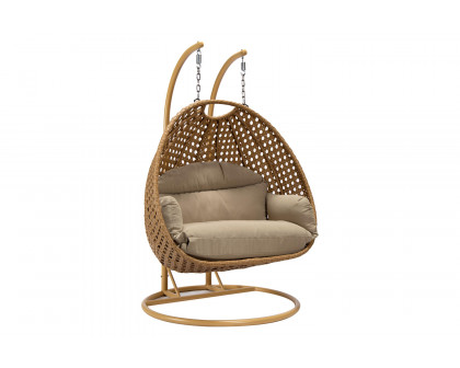 LeisureMod Mendoza Light Brown Wicker Hanging 2 Person Egg Swing Chair