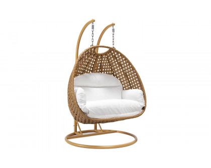 LeisureMod Mendoza Light Brown Wicker Hanging 2 Person Egg Swing Chair