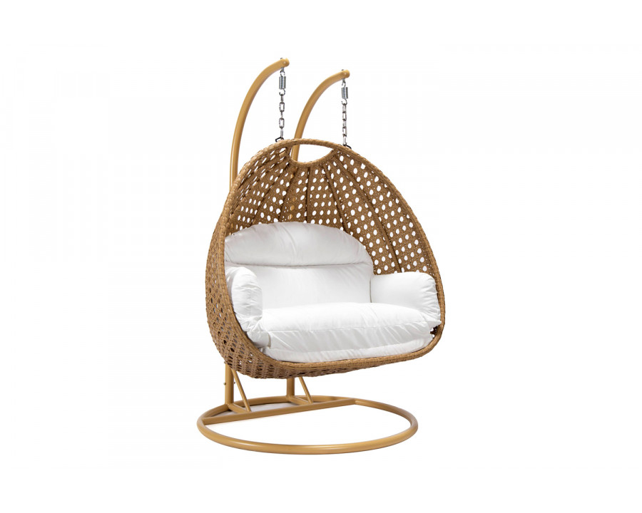 LeisureMod Mendoza Light Brown Wicker Hanging 2 Person Egg Swing Chair - White