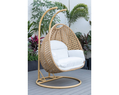 LeisureMod Mendoza Light Brown Wicker Hanging 2 Person Egg Swing Chair - White