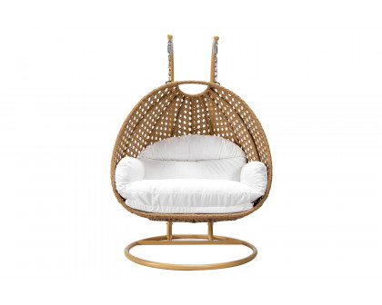 LeisureMod Mendoza Light Brown Wicker Hanging 2 Person Egg Swing Chair - White