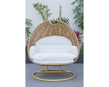 LeisureMod Mendoza Light Brown Wicker Hanging 2 Person Egg Swing Chair - White