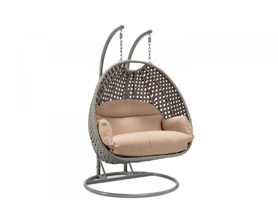 LeisureMod Mendoza Light Gray Wicker Hanging 2 Person Egg Swing Chair with Cushions - Beige