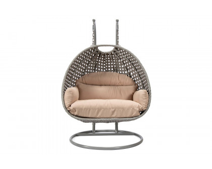 LeisureMod Mendoza Light Gray Wicker Hanging 2 Person Egg Swing Chair with Cushions - Beige