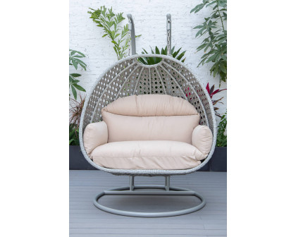 LeisureMod Mendoza Light Gray Wicker Hanging 2 Person Egg Swing Chair with Cushions - Beige