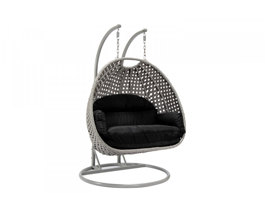 LeisureMod Mendoza Light Gray Wicker Hanging 2 Person Egg Swing Chair with Cushions - Black