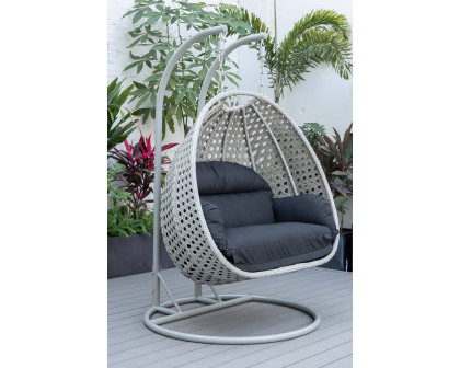 LeisureMod Mendoza Light Gray Wicker Hanging 2 Person Egg Swing Chair with Cushions - Black