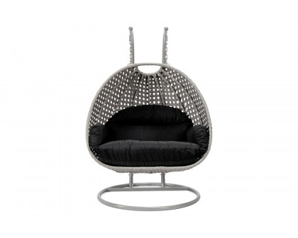 LeisureMod Mendoza Light Gray Wicker Hanging 2 Person Egg Swing Chair with Cushions - Black