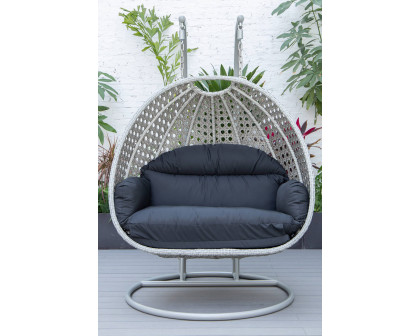 LeisureMod Mendoza Light Gray Wicker Hanging 2 Person Egg Swing Chair with Cushions - Black