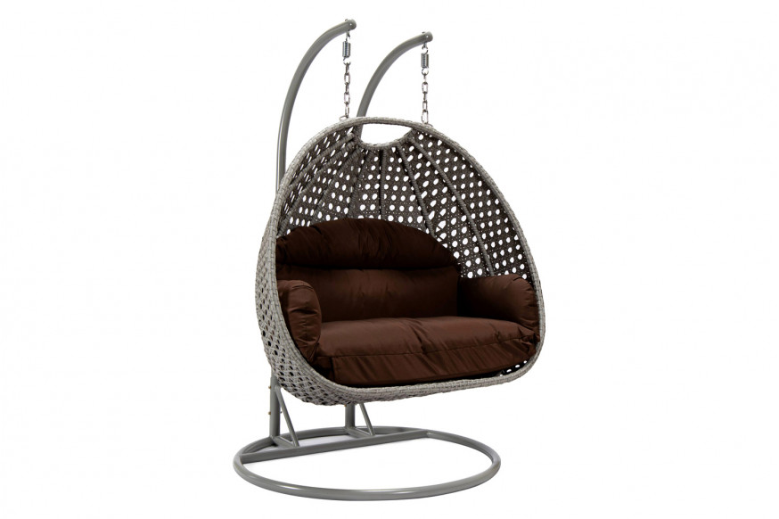 LeisureMod™ Mendoza Light Gray Wicker Hanging 2 Person Egg Swing Chair with Cushions - Brown