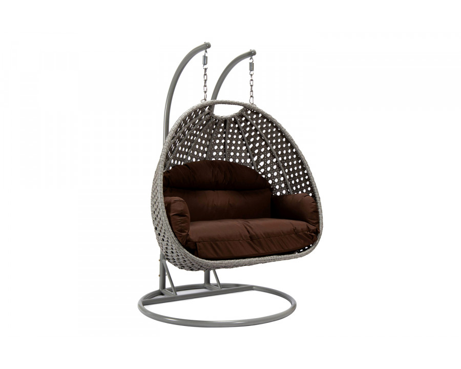 LeisureMod Mendoza Light Gray Wicker Hanging 2 Person Egg Swing Chair with Cushions - Brown