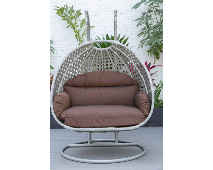 LeisureMod™ Mendoza Light Gray Wicker Hanging 2 Person Egg Swing Chair with Cushions - Brown