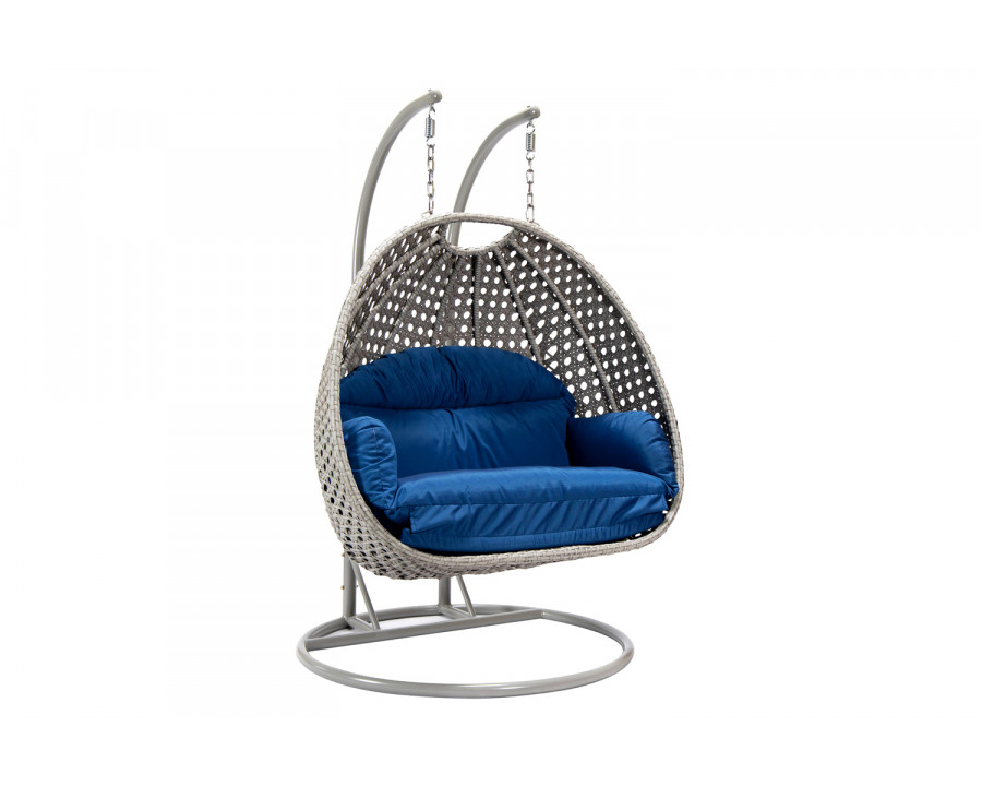 LeisureMod Mendoza Light Gray Wicker Hanging 2 Person Egg Swing Chair with Cushions - Blue