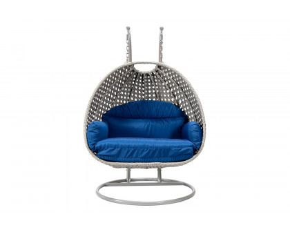 LeisureMod Mendoza Light Gray Wicker Hanging 2 Person Egg Swing Chair with Cushions - Blue