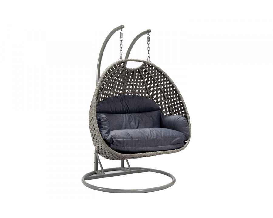 LeisureMod Mendoza Light Gray Wicker Hanging 2 Person Egg Swing Chair with Cushions - Charcoal