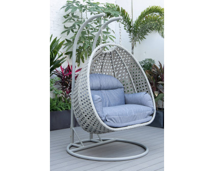 LeisureMod Mendoza Light Gray Wicker Hanging 2 Person Egg Swing Chair with Cushions - Charcoal